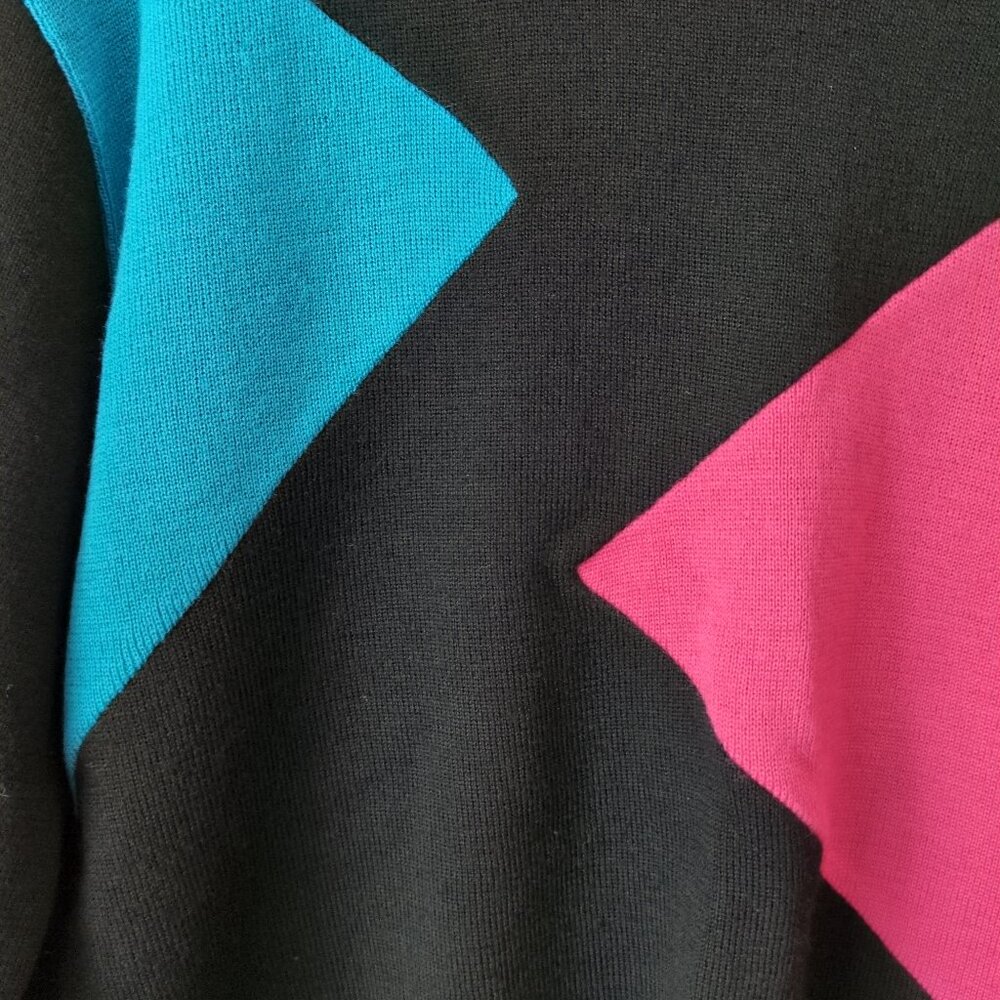 Vintage Wool Knit Sweater Womens Large Black Neons Geometric Ski Lodge 80s 90s - Picture 6 of 6